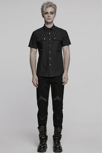 Black Lapel Collar Short Sleeves Pocket Eyelet Punk Blouse