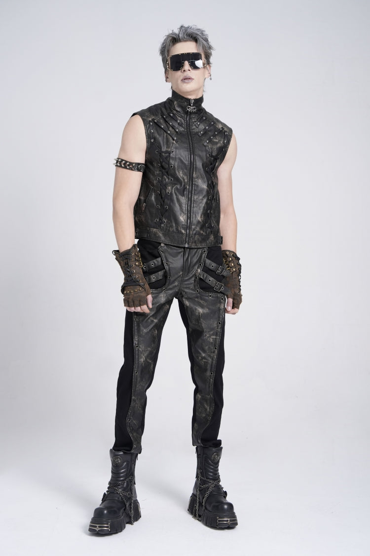 Black Stand Collar Sleeveless Strappy Stitching Zipper Gothic Vest
