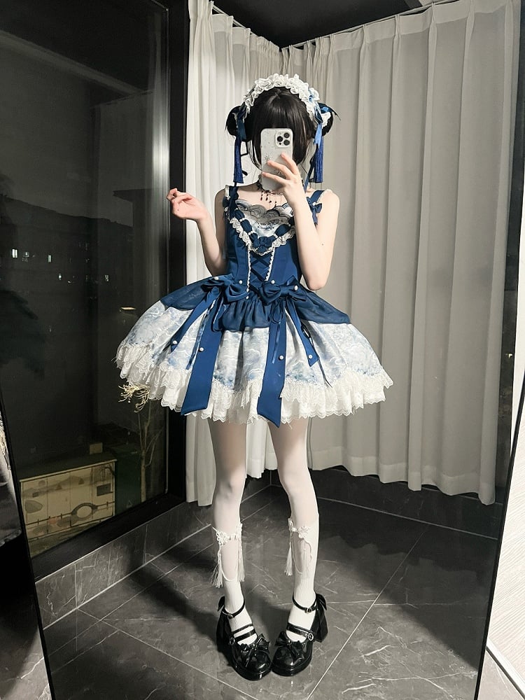 [pre-order Deadline: May 6] Dark Blue Moonlight Sea Lace Ribbon Layered Dress + Accessories