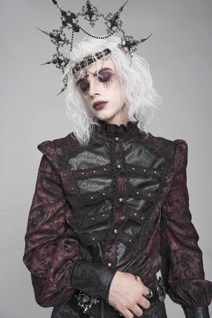 Black/red Stand Collar Long Lantern Sleeves Print Embroidery Gothic Blouse