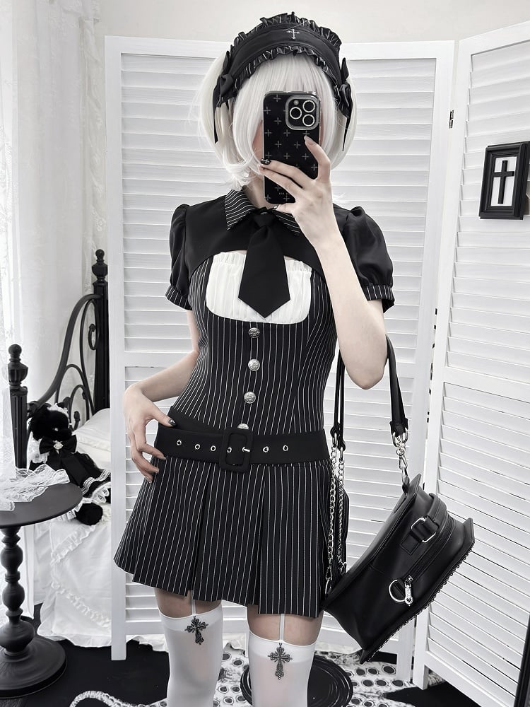 [pre-order Deadline: April 28] Black Pinstripe Tie Collar Short Jacket Dress Full Set + Jewel Casquette