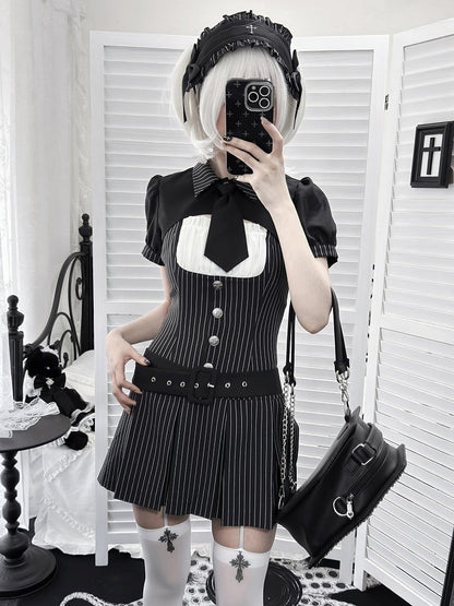 [pre-order Deadline: April 28] Black Pinstripe Tie Collar Short Jacket Dress Full Set + Jewel Casquette