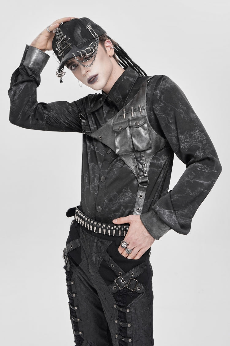 Black Long Sleeves Print Stitching Asymmetric Bullet Punk Blouse