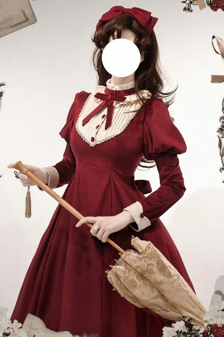 Wine Red [new Year] Stand Collar Long Sleeves Ruffled Bow Classic Lolita Dress