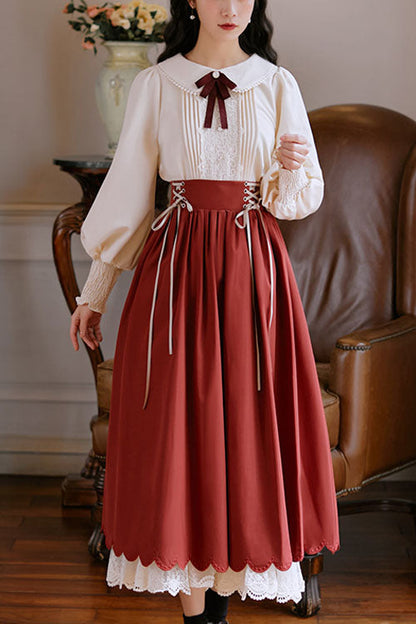 Color High Waisted Lace Wave Hem Two Pieces Classic Lolita Dress