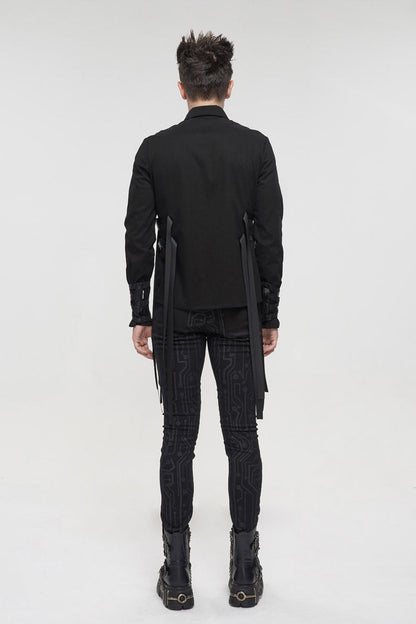 Black Nylon Strap Metal Buckle Decoration Long Sleeve Elasticity Punk Shirt