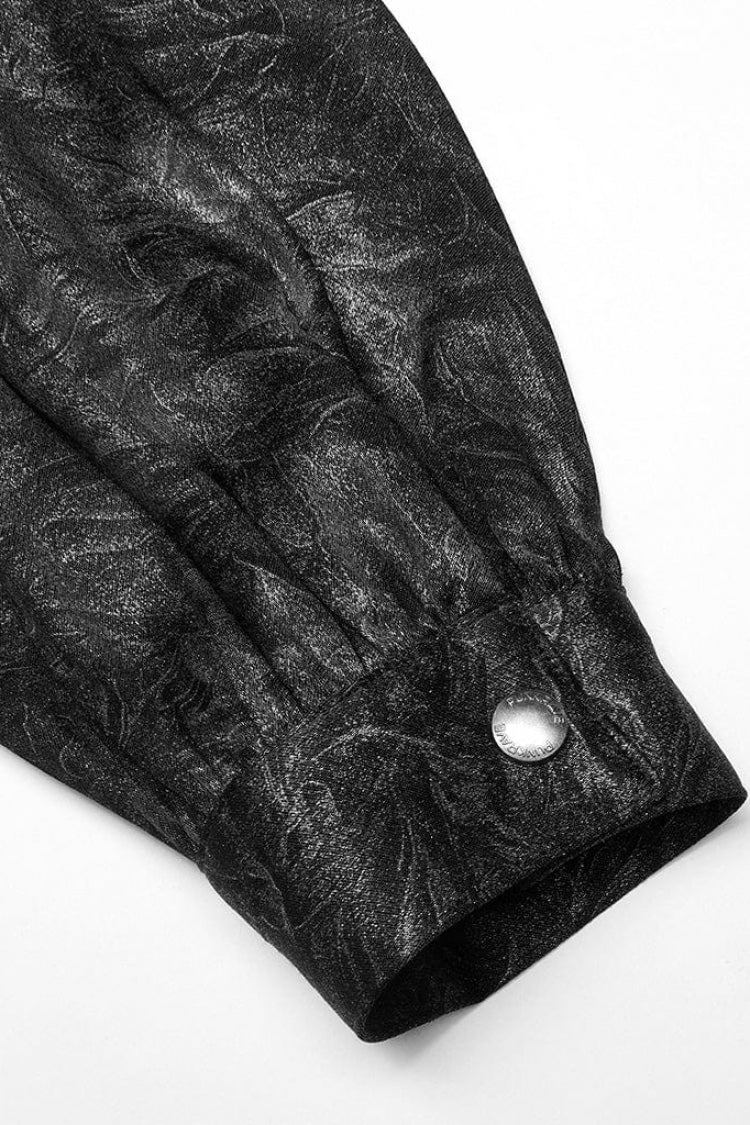 Black/silver Stand Collar Long Puff Sleeves Print Lace-up Metal Decoration Gothic Blouse