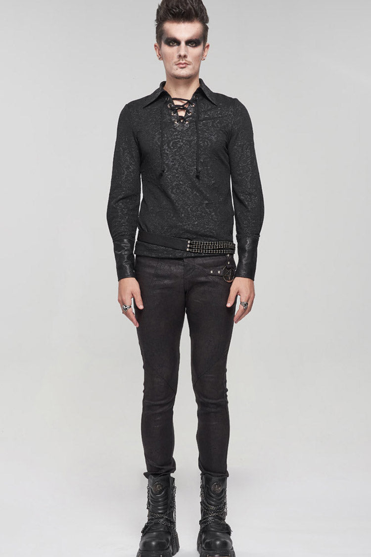 Black Gothic Pattern Decoration Tie Rope Design Knitted Elasticity Pullover Shirt