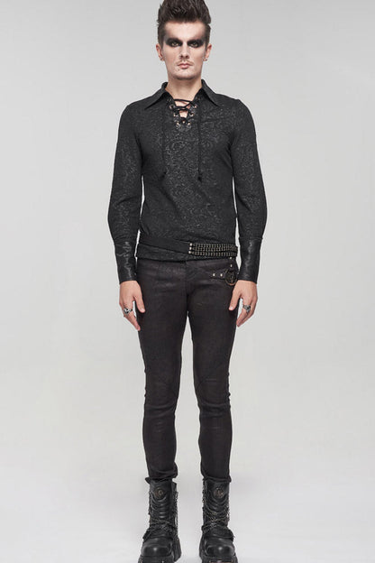 Black Gothic Pattern Decoration Tie Rope Design Knitted Elasticity Pullover Shirt
