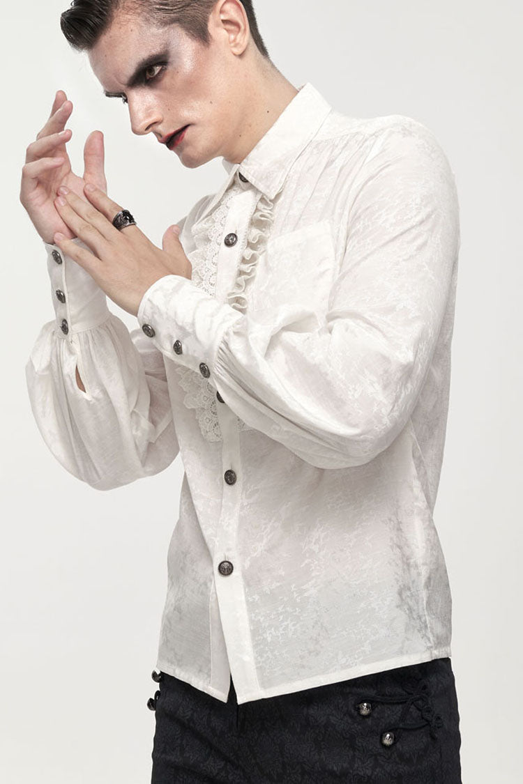 White Gothic Metal Pattern Buckle Long Sleeve Pleated Lace Lantern Shape Printing Pattern Shirt