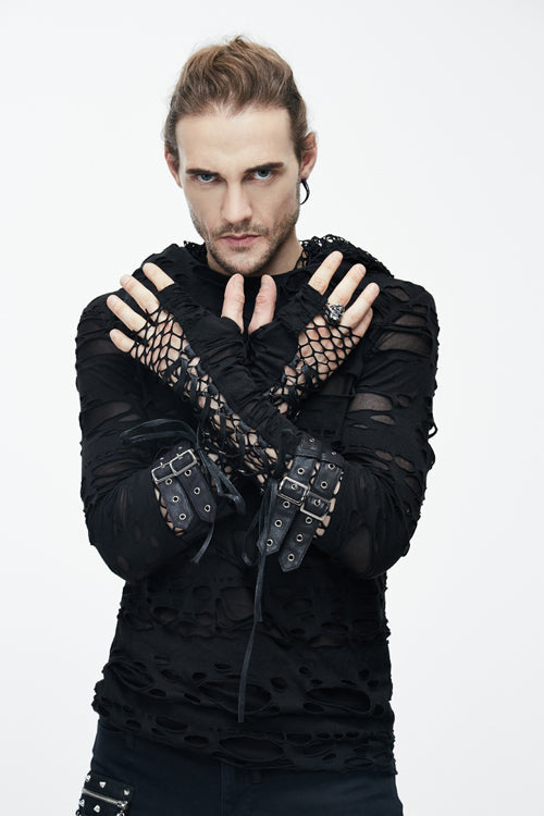 Black Ripped Finger Covered Autumn Hooded Punk T-shirt