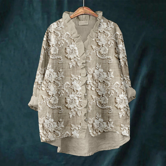 Vintage Floral Lace Embroidered Linen Ruffle Shirt elevenforest