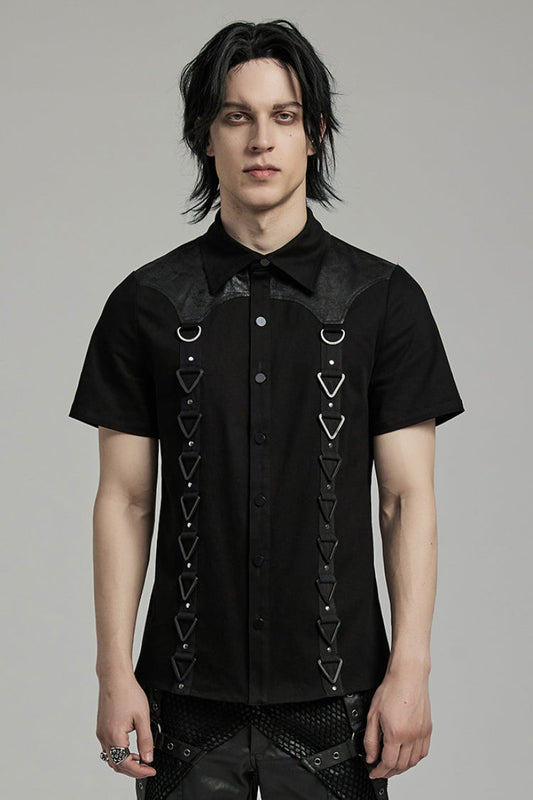 Black Lapel Collar Short Sleeves Stitching Punk Blouse
