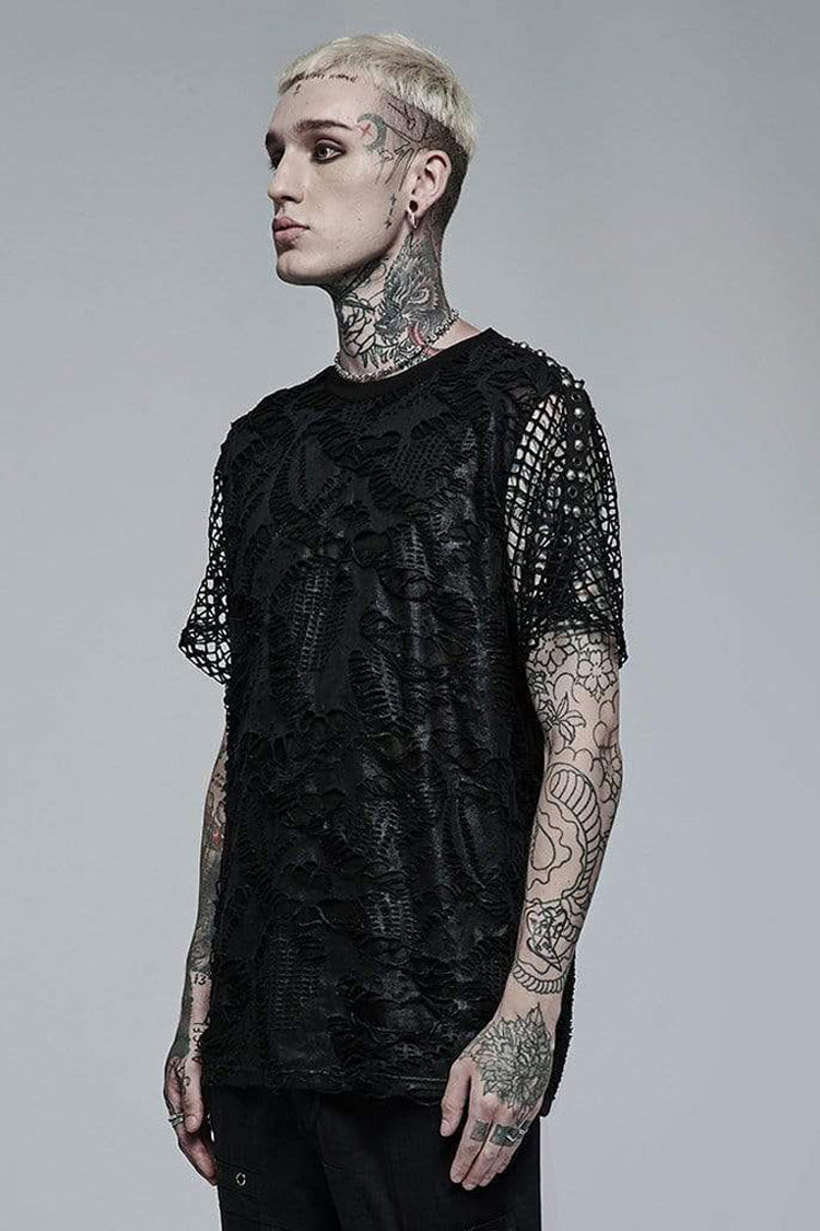 Black Punk Irregular Ripped Mesh Stitching Stretch Loose Knit Short Sleeved T-shirt