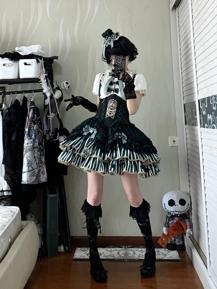 [pre-order Deadline: May 20] Magical Girl Lolita Lace Puff Sleeve Shirt + Black X Green Ribbon Corset Tiered Dress + Mini Hat