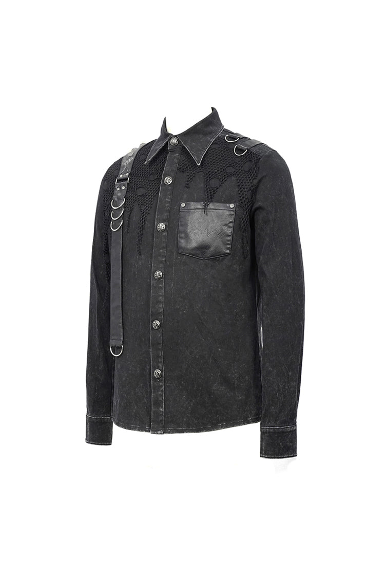 Black Asymmetric Left Shoulder Loop Mesh Rivet Snap Button Punk Shirt