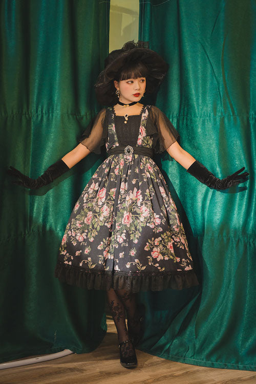 Black French Rose Print Square Collar Ruffled Classic Lolita Op Dress