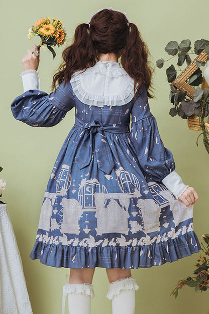 Dark Blue Classical Alarm Clock Print Long Sleeve Bowknot Sweet Lolita Op Dress