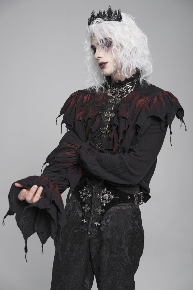 Black/red Stand Collar Long Sleeves Ruffled Gothic Plunging Shirt