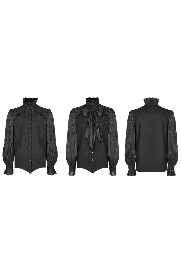 Black Stand Collar Ruched Stitching Lace Gothic Blouse With Scarf