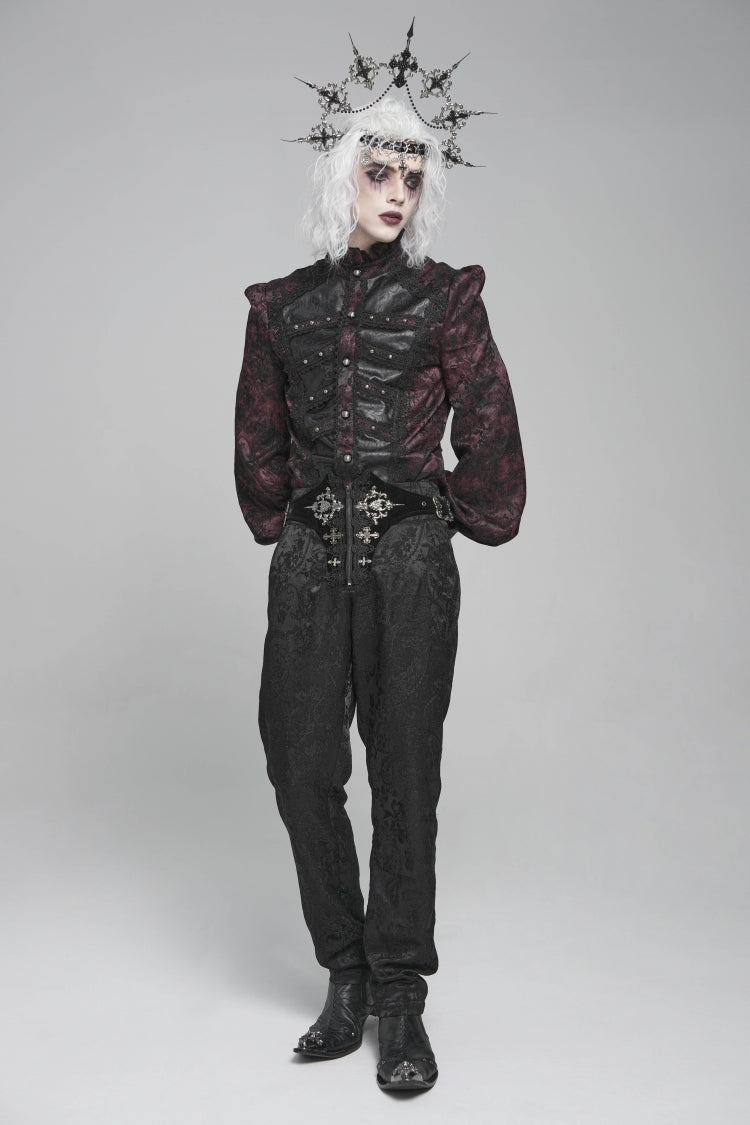 Black/red Stand Collar Long Lantern Sleeves Print Embroidery Gothic Blouse