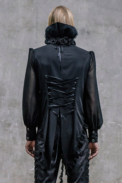 Black High Collar Lace Up Dovetail Hem Gothic Blouse
