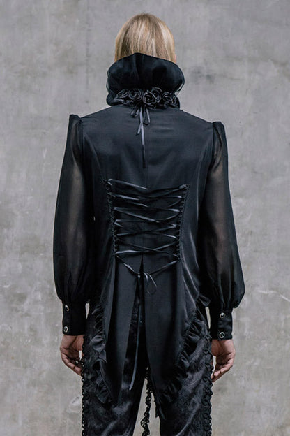 Black High Collar Lace Up Dovetail Hem Gothic Blouse