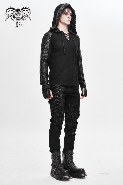 Black Chest Lace Up Vertical Stripes Woolen Splice Bright Crimped Fabric Hooded Punk T-shirt