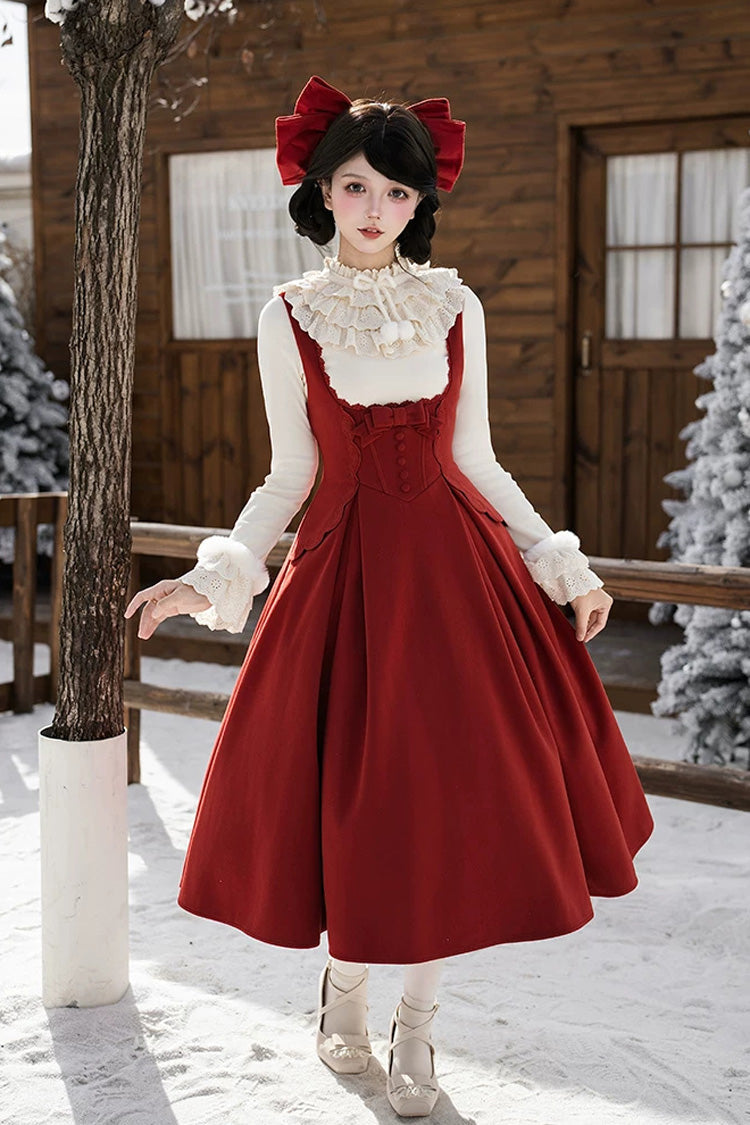 Red [letters and Poems · Velvet Rose] Sleeveless Embroidered Bow Fishbone Classic Lolita Bandeau Dress 2 Versions