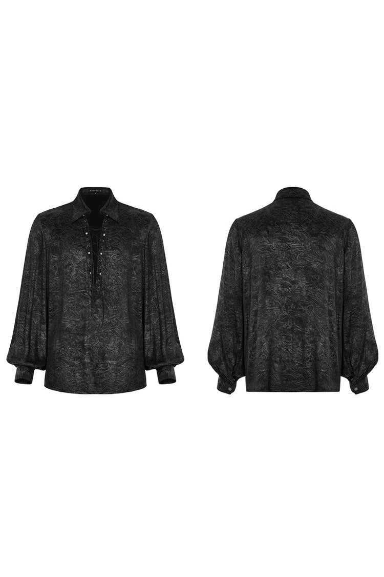 Black/silver Stand Collar Long Puff Sleeves Print Lace-up Metal Decoration Gothic Blouse