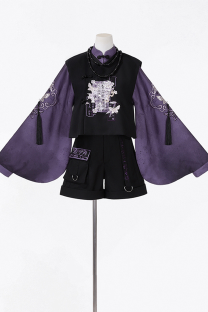 Dark Chinese-style Top + Vest + Shorts + Necklace