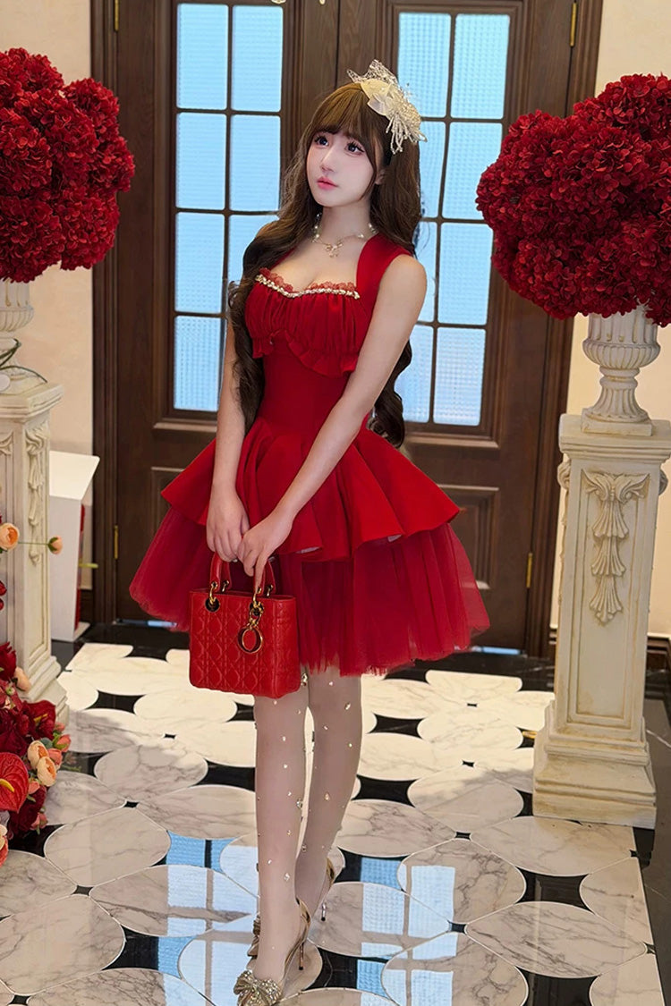 Red [romantic Rose] Square Collar Sleeveless Ruffled Classic Ballet Lolita Dress