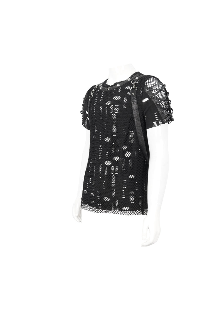 Black Half Hollow Shoulder Tie Design Punk T-shirt