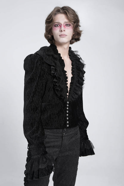 Black V Collar Long Sleeves Ruffle Stitching Lace Gothic Blouse