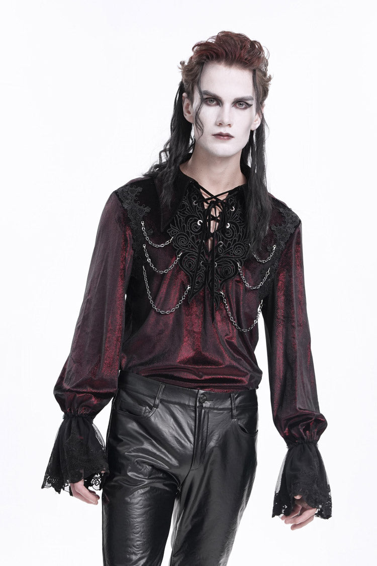 Wine Red V Collar Long Sleeves Lace-up Chain Gothic Blouse