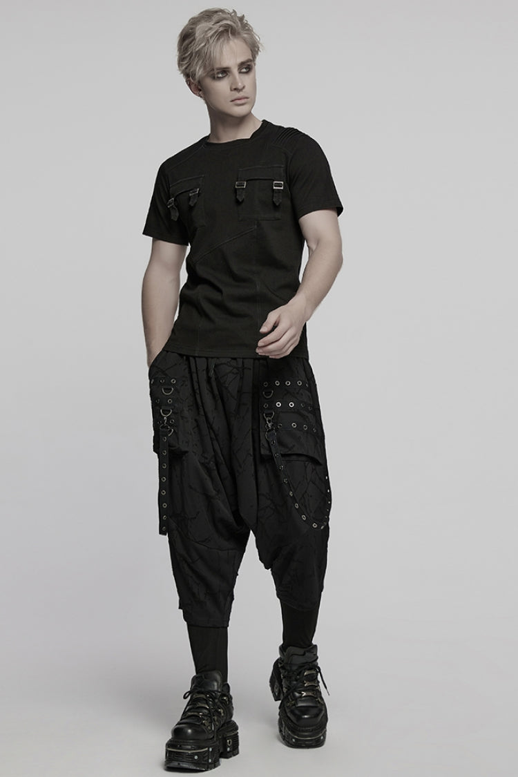 Black Round Collar Short Sleeves Pocket Denim Punk T-shirt