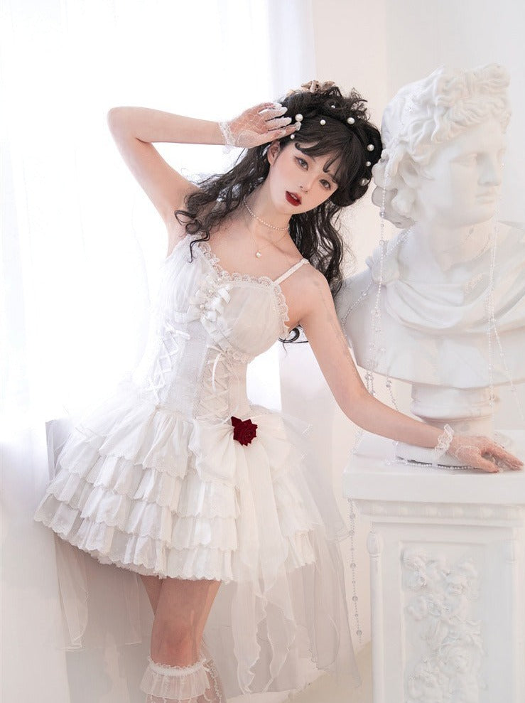 Rose Ribbon Tulle Lace Up Tiered Cami Dress
