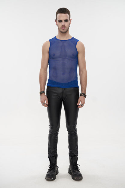 Blue Elasticity Perspective Rhombus Net Yarn Sleeveless Gothic T-shirt