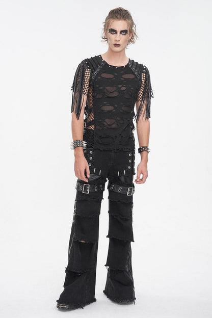 Black Round Collar Mesh Stitching Punk T-shirt