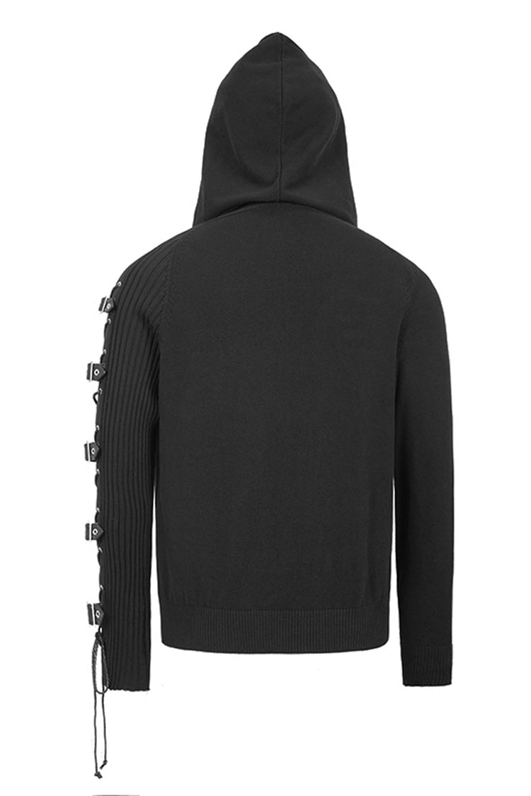 Black Asymmetrical Sleeves Leather Loop Lace-up Hooded Punk Sweater