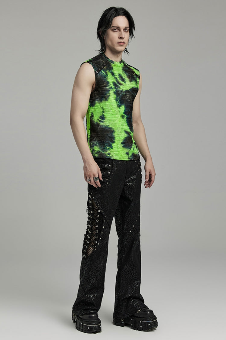 Black/green Stand Collar Sleeveless Tie-dyed Punk Vest