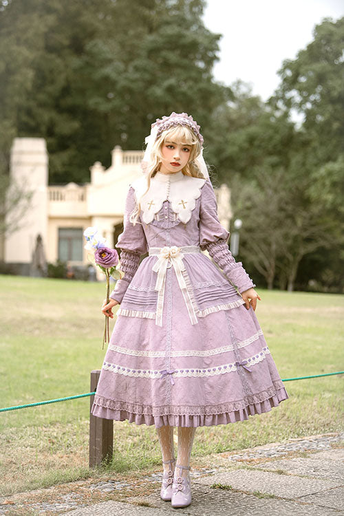 Purple Cross Dark Church Lace Long Sleeves Ruffled Classic Lolita Op Dress