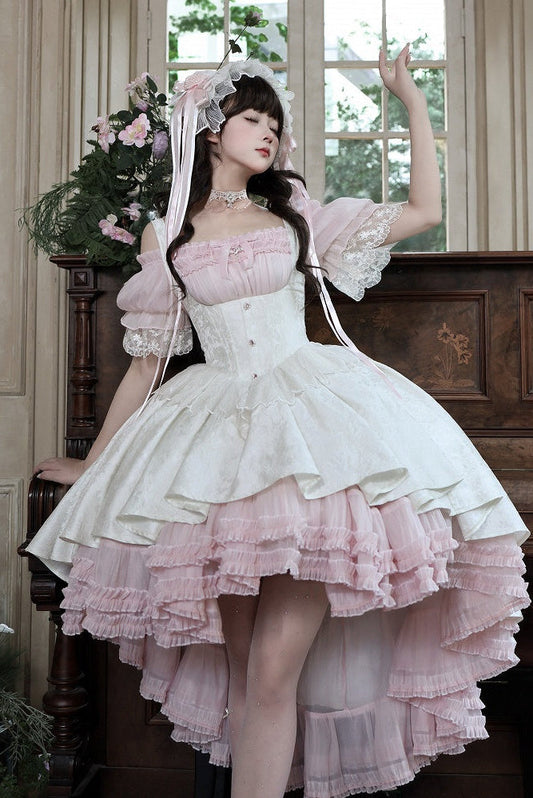 [pre-order Deadline: April 28] Pink X White Gothic Lolita Corset Layered Jsk Dress + Off-shoulder Lace Puff Top