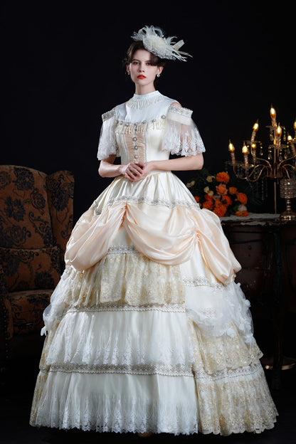 Champagne Stand Collar Multi-layered Ruffled Lace Classic Palace Victorian Lolita Dress