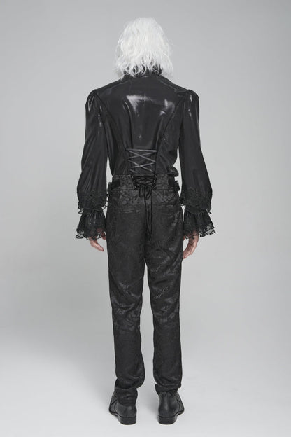 Black Stand Collar Long Puff Sleeves Embroidery Stitching Lace Gothic Blouse