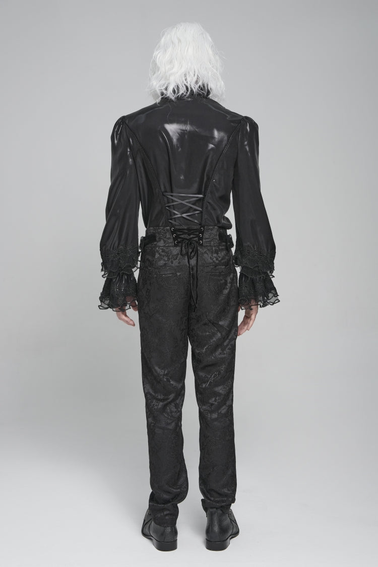 Black Stand Collar Long Puff Sleeves Embroidery Stitching Lace Gothic Blouse