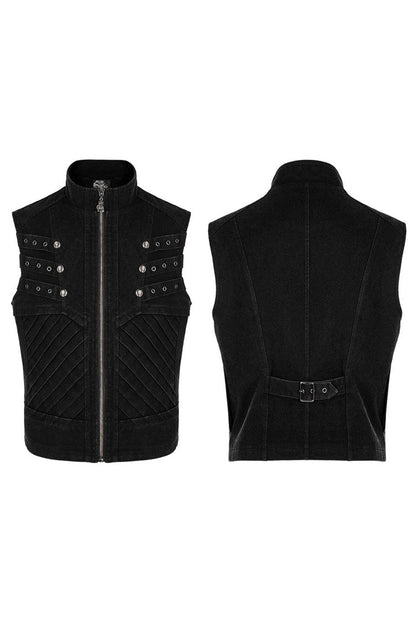 Black Punk Apocalyptic Stand Collar Twill Metal Skull Zip Vest