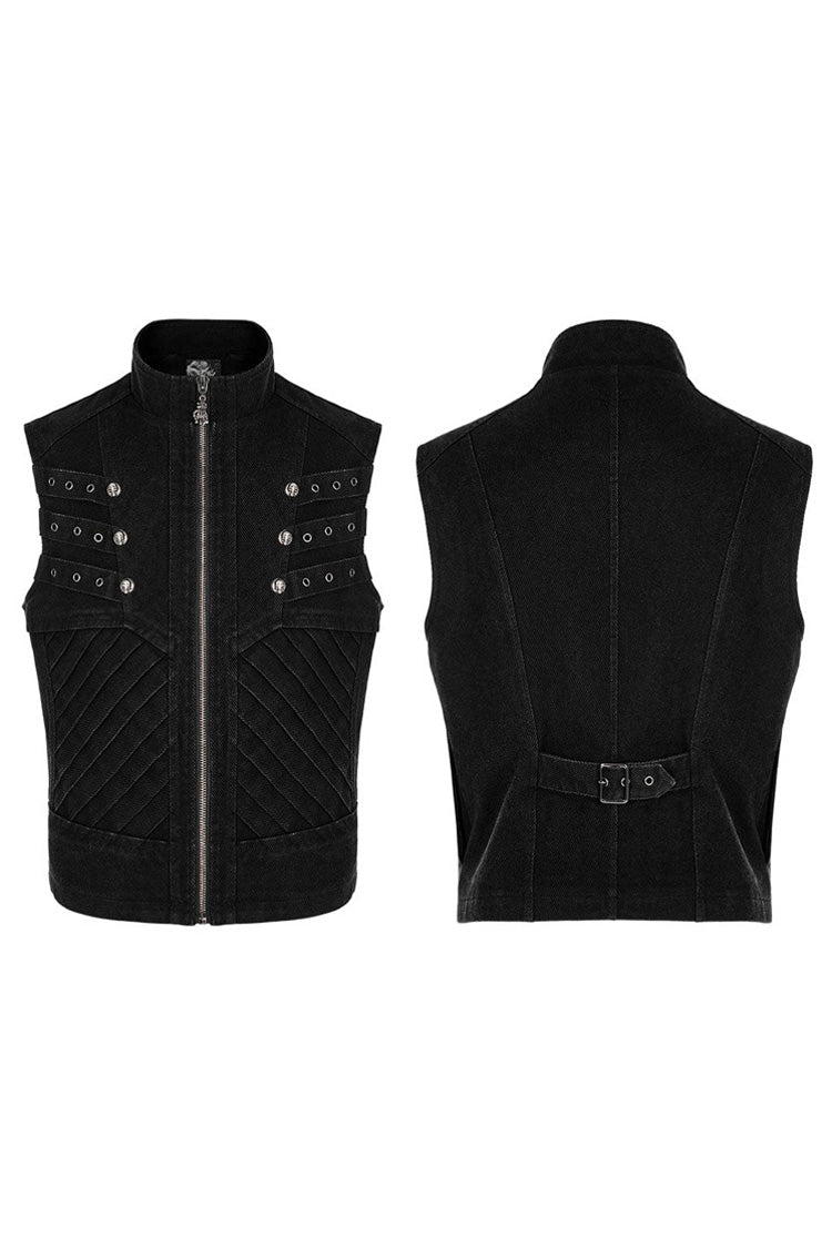 Black Punk Apocalyptic Stand Collar Twill Metal Skull Zip Vest