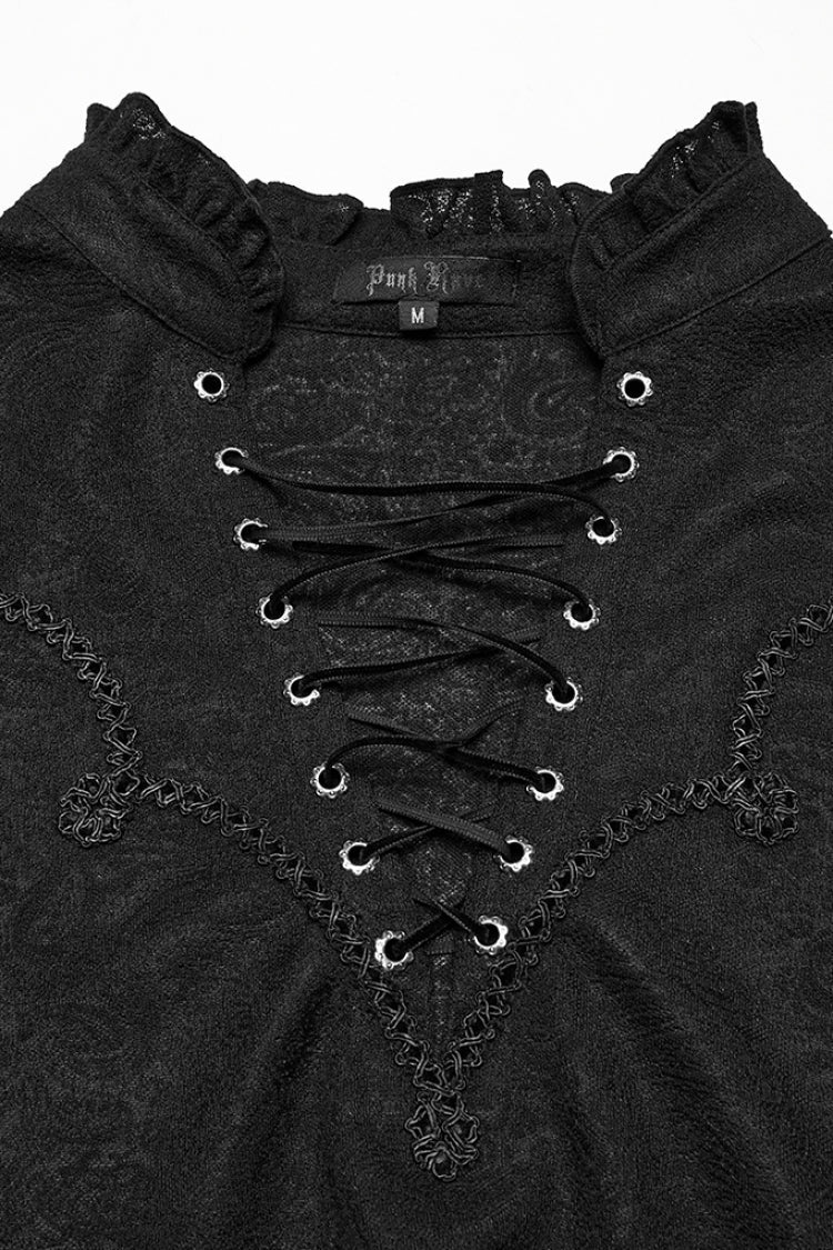 Black V Collar Long Sleeves Jacquard Embroidery Gothic Blouse