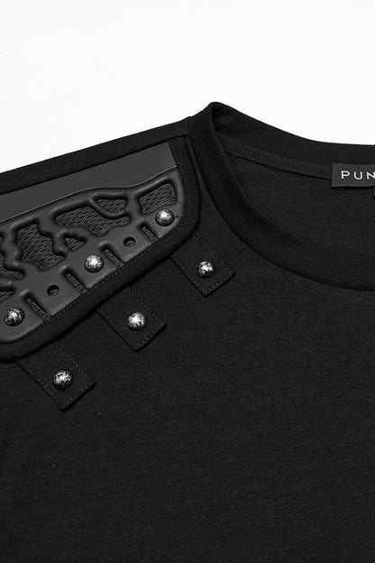 Black Round Collar Sleeveless Studded Stitching Shoulder Patched Punk Vest